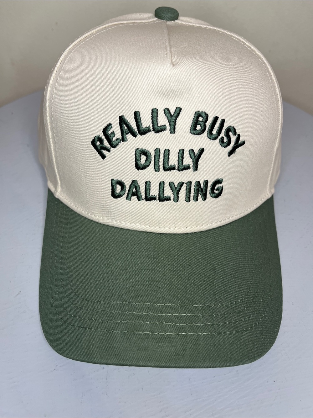 Zenana Cream and Olive Green 'Really Busy Dilly Dallying' Baseball Cap NEW
